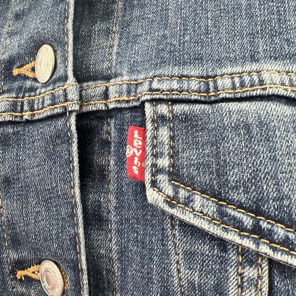 Levi's Trucker Jean Jacket Women L Blue Hand Painted Boho Graphic Celtic Cross - Picture 7 of 15